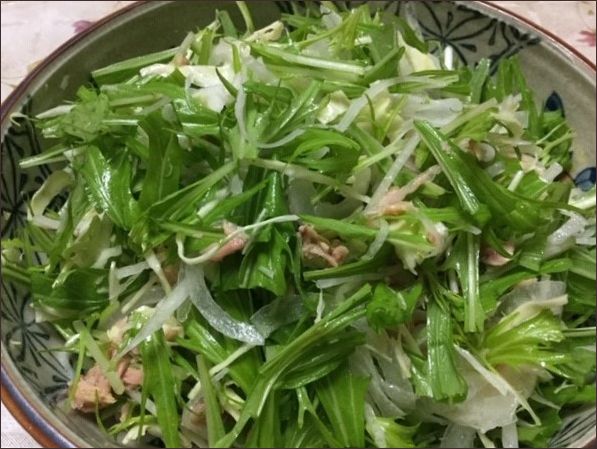 らっこが作った、水菜で緑色のサラダです。